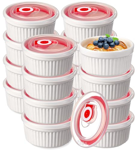LOYIM 12 Pack 8 oz Ramekins with Lids Oven Safe Porcelain Creme Brulee Ramekins with Covers White Pudding Custard Cups Stackable Ramekins Ceramic Bowls for Baking Dishwasher Ice Cream Serving Dip