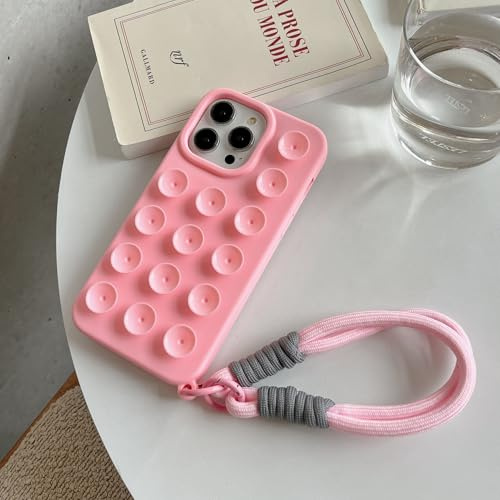 Yhsvie Custodia per iPhone 15 Pro max Con Cinturino,Design Ventosa Custodia,Sottile Morbida Silicone TPU Bumper Case Resistente Agli Urti Antigraffio Cover-Rosa
