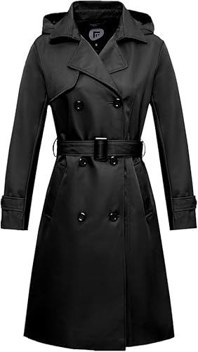 poonyfesh Women's Waterproof Long Trench Coat Double Breasted Windbreaker Classic Lapel Belted Coat With Detachable Hood Black Large