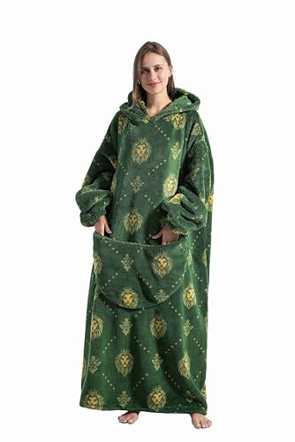 Yzehomijia Lange Hoodie Decke mit Ärmeln für Damen & Erwachsene - Kuscheldecke mit Ärmeln - Weiche & Warme Decke zum Anziehen als Geschenk für Damen Herren. (Green Lion)