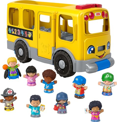 Fisher-Price Little People Toddler Toy Big Yellow School Bus & 9 Community Heroes Figures for Kids Ages 1+ Years, Multilanguage Version