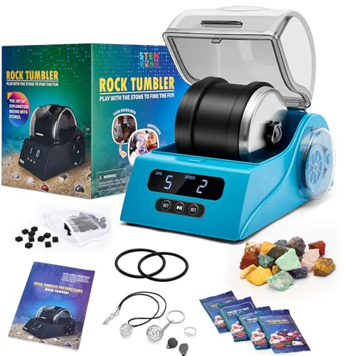 Rock Tumbler Kit Adults - Rock Polisher Tumbler with Noise Reduction Cover, Speed&Timer Control, Includes 4 Polishing Grits, Rough Gemstones, Learning Guide etc.（Blue）
