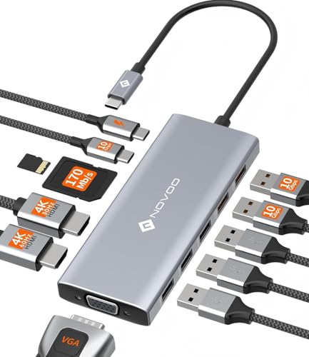 NOVOO 10Gbps USB C Hub Docking Station 2HDMI 4K@60Hz Triple Display Adapter mit VGA,USB A 3.2 & USB C 3.2 PD 100W SD TF Kompatibel mit MacBook,XPS 13/15, Chromebook, Lenovo, Dell,Surface Pro 9 usw.