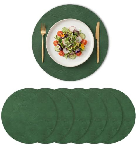 Artoid Mode Dunkelgrün PU Faux Leather Round Platzsets 6er Set, 38cm Tischsets Schmutzabweisend Hitzebeständig Platzdeckchen Küche Deko