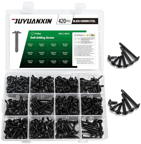 Lot de 420 vis auto-taraudeuses à tôle M4,2 M4,8 - Vis auto-taraudeuses en métal - Vis auto-foreuses pour acier, bois, plastique (noir)