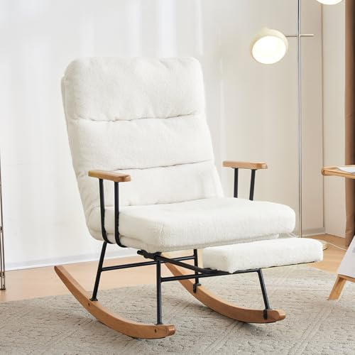 Billg Stillstuhl Schaukelstuhl Wohnzimmer, Schaukelsessel mit Fußstütze & Armlehnen, Schaukelstuhl Holz mit 4-Fach Verstellbare Rückenlehne für Wohnzimmer Schlafzimmer, Bis 100 Kg Belastbar