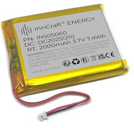 InCraft Energy Batterie au lithium polymère 2000 mAh 3,7 V 62 x 50 x 5 mm Modèle 505060 2P Molex 51021-020 Connecteur 1,25 mm