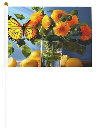 Mini bandiere a farfalla gialle su bastone – 14 x 20,8 cm piccole bandiere USA per esterni, decorazioni 4 luglio, decorazione patriottica, asta per bandiera portatile, bandiere palmari, sei pezzi