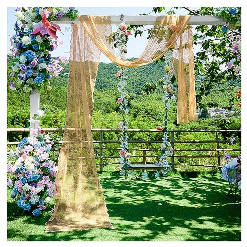 TSWNG Querbehang Freihanddeko Gold, Drapierstoff Hochzeit Vorhang Hochzeitsbogen Spitzenstoff Gardinen Blumen Stickerei Spitzenvorhang für Torbogen, Garten, Zeremonie Deko, 140x500cm