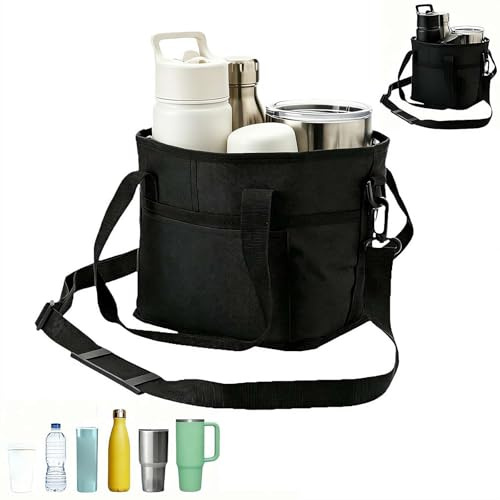 Insulated Drink Carrier Bag for 4 Compartments, Water Bottle Holders with Handle & Strap, Drink Caddy Tote with Adjustable Strap, Reusable 4 Drinks Carrier for Coffee, Travel, Sports & Family Outings