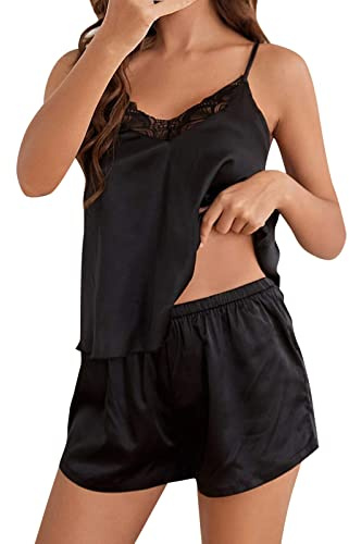 Dam sexig pyjamas-set satin nattkläder sommar kort – sovskjorta damer oversize ärmlös tvådelat set spagettiremmar lös passform pyjamas tunn andningsaktiv vardagskläder set sidenpyjamas