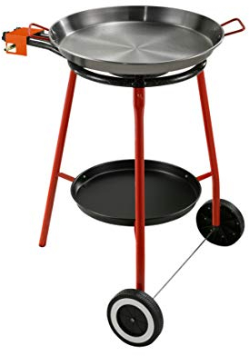 Reber Kit Paella Completo per la Cucina All'Aria Aperta con Fornello ad Alimentazione a Gas (Gpl) a Due Fuochi Indipendenti, Supporto in Acciaio Verniciato a Tre Piedi, Padella in Ferro