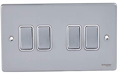 Schneider Electric GU1542WBC Ultimate Low Profile Brushed Chrome White Insert 4 Gang 2 Way 16AX Plate Switch