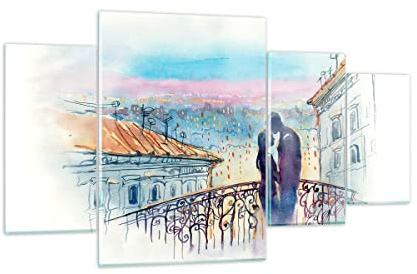Moderne Impression sur Verre 160x90cm Image Tableau en Verre Decoration Murale Couple Amour Ville Pont Grand XXL Tableaux Decoratifs Muraux Chambre Triptyque 4 parties Deco Salon Art GDL160x90-2998