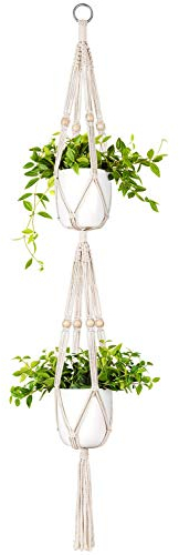 Mkouo Makramee Blumenampel Pflanzenaufhänger 2 Tier Drinnen draußen Hängender Pflanzerkorb Baumwollseil mit Perlen, 125cm