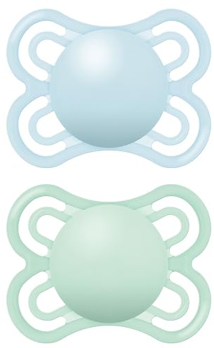 MAM Perfect Schnuller 0-6M, 2er-Pack, kiefergerechtes Design, blau | Dünner, flexibler Sauger, Lieferung in Schnuller-Sterilisator-Etui, Babyzubehör für Neugeborene (Motive variieren)