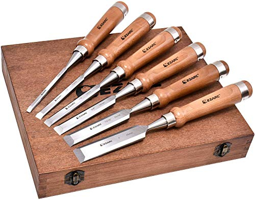 EZARC Ciseaux à Bois, Set de Ciseau à Bois 6 pièces en boîte de bois pour la Sculpture Sur bois, Charpentiers, Outils de Sculpture