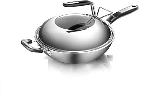 Padella antiaderente in acciaio inox No-fumo Wok multifunzione domestica Wok Fornello a gas for Wok Wok (Color : Silver, Size : 32CM)