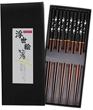Exzact Essstäbchen Geschenkset - 5 Paar Wiederverwendbare natürliche Holzstäbchen Essstäbchen - Japanischen Stil (Schwarz)