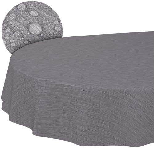 Tischdecke abwaschbar Wachstuch Wachstuchtischdecke Gartentischdecke Leinen-Optik Pflegeleicht Wasserabweisend 240 x 140cm (Oval) Grau Schnittkante