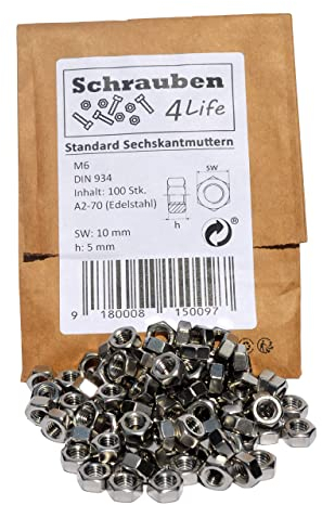 Sechskantmutter M6 Edelstahl 100Stk. Plastikfreiverpackt Schrauben4Life - A2-70, DIN934 Edelstahl, Muttern für Industrie, Garten und Haus (100, M6)