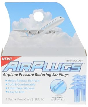 HEAROS AirPlugs Airline Pressure Reducing Earplugs, 1 Pair + Free Case, Latex Free Silicone, Reduce Ear Pain, NRR 20, Clear (5805)