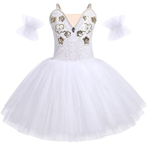 OBEEII Ragazza Balletto Danza Abito Spaghetti Straps Decalcomania Ricamato Tutu Body Classico Ginnastica Leotard Costume con Bracciale, bianco, 11-12 Anni