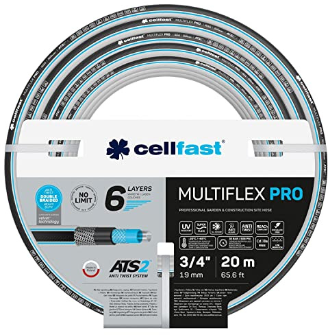 CELLFAST MULTIFLEX ATSV Gartenschlauch, 6-lagig, ATS2™, 3/4, 20 m | Doppeltes Kreuz- und Trikotgewebe, resistent gegen UV-Strahlen und Algenbildung, 35 Bar, robuster Gartenschlauch
