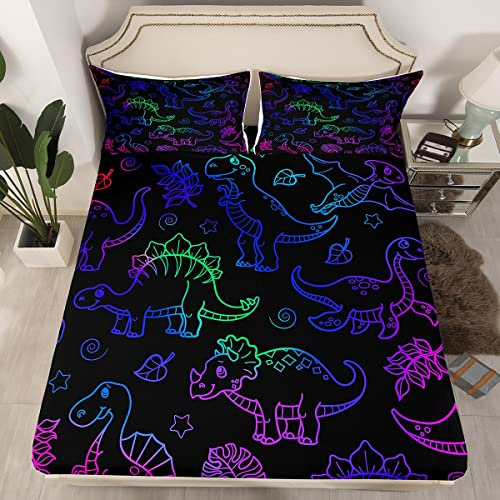 Dinosaurier Spannbettlaken 90x200cm für Kinder Jungen Mädchen Bunt 3D Dino Drucken Spannbetttuch Cartoon Jungle Dino Bettlaken Set Zimmer Dekor Wild Tier Bettdeckenbezug Bett Set Sammlung 2Stück