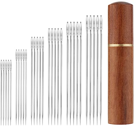 SAVITA 30 Stück Nähnadeln mit Großem Öhr, 6 Größen Edelstahl Gobelinnadel Sticknadeln Nähstricknadeln Garnnadeln mit Nadelbox aus Holz für Heimwerker Nähprojekte