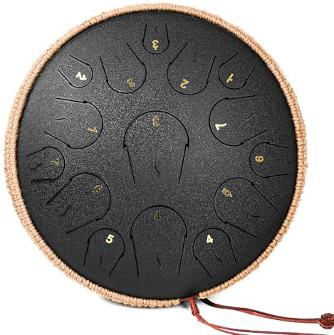 Steel Tongue Drum - 14 Zoll 15 Note Tongue Drum - Hand Pan Drum mit Notenbuch, Handpan Schlägel und Tragetasche, C-Dur, Schwarz