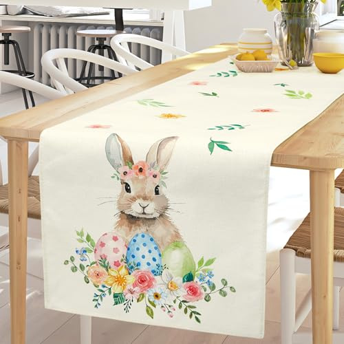 Blulu Ostern Tischläufer 40 x 180 cm Kaninchen Tischdecke Frühling Hase Blumen Tischläufer Deko Saisonale Feiertag Tischdecke Fahne Abdeckung für Wohnzimmer Zuhause Esszimmer Küche Mottoparty