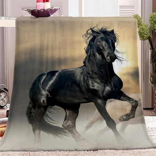 Decke 200x200 tierisches schwarzes Pferd 3D Kuscheldecke Flauschig Decke Fleecedecke Weich und Warme, Wohndecke Flanell als Sofadecke Couchdecke Tagesdecke