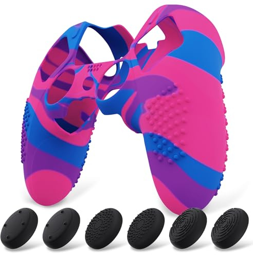 PlayVital Coque Protection pour ps5 Edge Manette,Rose&Violet& Bleu | Housse Silicone avec 6 Capuchon Joystick pour ps5 Edge Controller Cover Skin,Anti-Dérapante Accessoire-3D Studded Edition