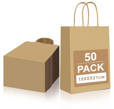 Gucass Små papperspåsar med handtag, 50 st., bruna presentpåsar, kraftpapperspåsar, papperspåsar, presentpåsar för förpackning, shopping, födelsedagsfest, bröllop och jul, 15 x 8 x 21 cm