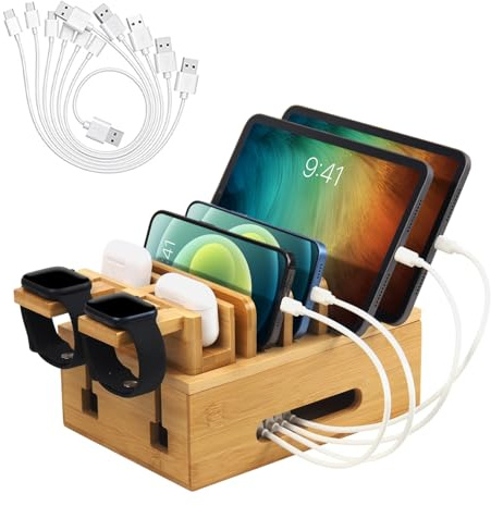 Bambus-Ladestation für mehrere Geräte, Desktop-Organizer, Dockingstation, natürlicher Bambus-Schreibtisch-Aufbewahrungsständer für Telefon, Tablet, Ohrhörer, Smartwatch (Netzteil nicht im Lieferumfang