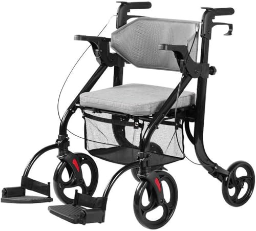 2 in 1 Klappbarer Rollator für Senioren – Transportrollstuhl Rollator mit weicher Rückenlehne und abnehmbaren Fußstützen – 4-Rad-Lauflernhilfe und 100 kg Unterstützung