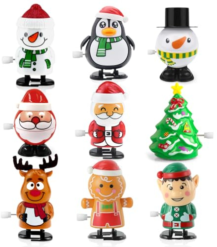 Aurasky 9 Stück Weihnachts Aufziehspielzeug, Uhrwerk Springspielzeug Set für Kinder Erwachsene, Aufziehen Pinguin Weihnachtsmann Rentier Schneemann für Geschenktütenfüller