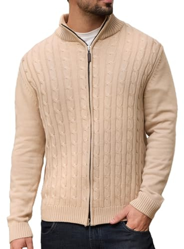 Les umes Herren Vollreißverschluss-Cardigan Zopfmuster Stehkragen Strickpullover Baumwoll Warmer lässiger Cardigans