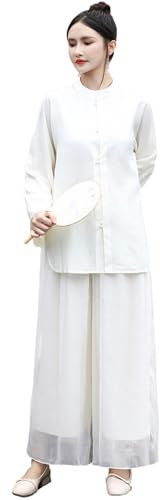 Tai-Chi-Uniform-Set für Damen, Kampfsport-Anzug, Langärmelig, Zen-Meditationskleidung, Kung-Fu-Top + Hosen-Set,White-M