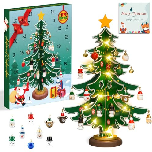 Etopgo Adventskalender 2025, Hölzerner Weihnachtsbaum und 30 Ornamenten, 24 Tage Weihnachten Countdown Adventskalender für Erwachsene, Jungen, Mädchen Weihnachtsdeko Anhänger