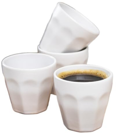 Darthome Set of 4 White Stoneware Espresso Cups 90ml Matt Panelled Design Small Tea Coffee Mugs