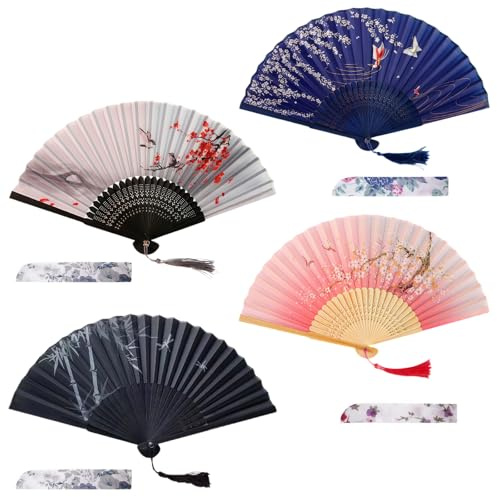 4 Stück Chinesischen Stil Hand Fächer mit Quasten, Holz Geschnitzten Bambus Handheld Faltfächer, Faltbare Fächer Handfächer, Bambusfächer mit Quaste für Geburtstagsgeschenke, Tanzen, Cosplay