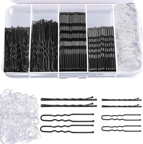 FULHANY Epingle Cheveux Femme 300pcs,Pince Plate Cheveux,Pince Chignon,Set De Pinces à Cheveux 7cm/5cm/6cm/5cm De Tailles DifféRentes Avec éLastiques Transparents Convenant à De Nombreuses Occasions