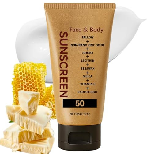 Beef Tallow Sunscreen SPF 50, Zinc Oxide Sun Cream, Natural Tallow Mineral Sunscreen for Face & Body, SPF 50 Face Moisturiser, UVA/UVB Protection Outdoor & Beach, Water Resistant, Non-Greasy