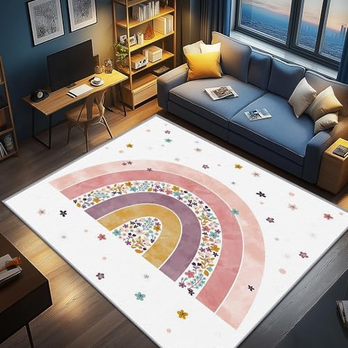 AevuCub Regenbogen Deko, Kinder Teppich 140x200 Kurzflor, Teppich Wohnzimmer Süße, Weich rutschfest Waschbare Teppiche, Bettvorleger Schlafzimmer Kinderzimmer