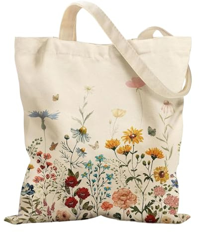 Cumnvulnt Stoffbeutel Bedruckt, Aesthetic Canvas Tote Bag, Einkaufstasche mit Innentasche, Blumen Tragetasche für Frauen, Freund, Mama, Kollegen, Klassenkameraden Geburtstag
