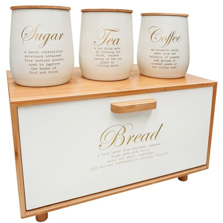 Holisttech Boîte à pain en bambou avec 3 boîtes de conservation en fer - Kit de rangement de cuisine avec inscription « Sugar », « Tea », « Coffee » - Design vintage - Boîte à pain avec couvercle pour