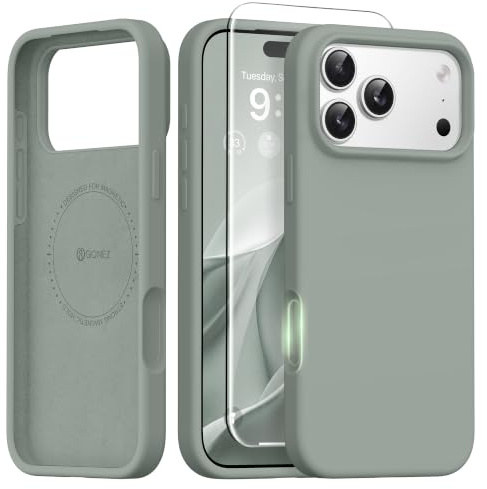 GONEZ für iPhone 17 Pro Hülle Silikon 6,3 Zoll & Displayschutz, [MagSafe-kompatibel] dünne Handyhülle aus Flüssigsilikon, Kratzfeste und stoßfeste, Mikrofaserfutter Schutz Case, Calke Grün