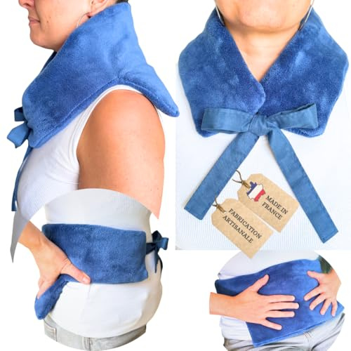 Coussin chauffant cervicales micro onde | Bouillotte graine de lin micro-onde avec ceinture pour cervicale, epaule, regles douloureuses, cou, dos | Housse polaire peluche | Fabriqué en France